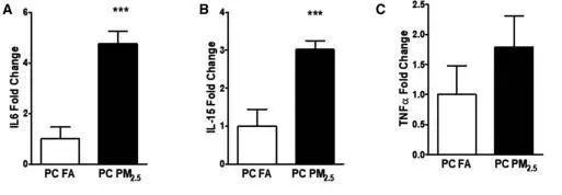 亲代暴露于PM2.5的小鼠，IL-6、IL-15、TNF-α等炎性细胞因子的水平显著上升