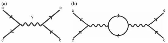 图2 （a）简单的费曼图；（b）量子电动力学中的真空极化