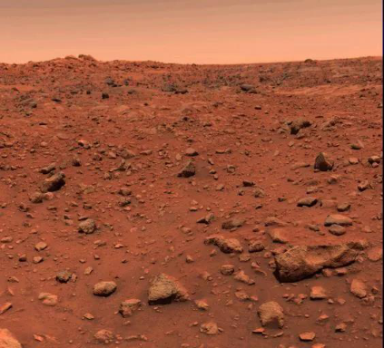 第一张火星表面拍摄的彩色照片。1976年7月21日，海盗1号着陆器拍摄，红色的表面可能是褐铁矿（水合氧化铁），这种矿物在地球上是水和氧化性大气环境下的产物。来源：NASA/JPL-Caltech/PIA00563