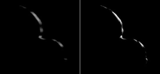 图丨“新视野号”航天器于2019年1月1日拍摄了这张柯伊伯带天体 Ultima Thule 的照片,当时飞船距离它 8862 公里。左边的图像由 10 张图片合成(来源:NASA/ JHUAPL / SWRI)