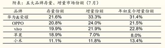 7月五大品牌存量/增量市场份额(图源国金证券研究所)
