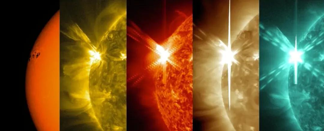 太阳耀斑，不同颜色表示不同频率下观测 来源|国家空间天气监测预警中心