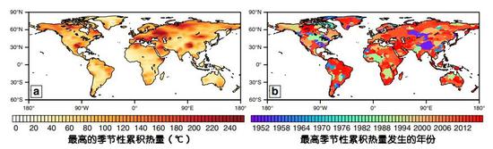 最高的季节性累积热量温度（a）与其发生的年份（b）。