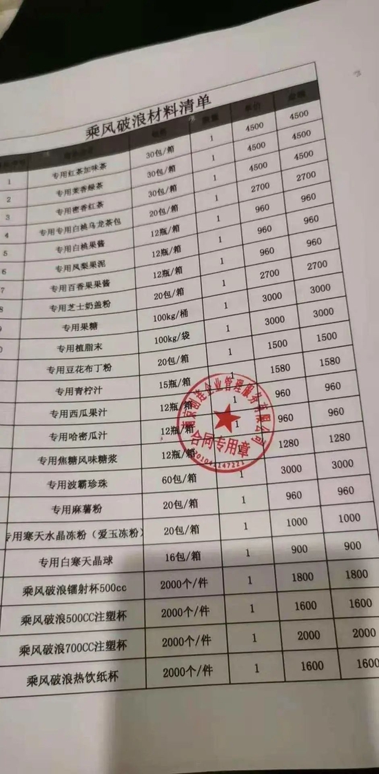 “乘风破浪”的原料采购清单 / 受访者供图