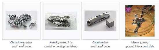 常见的几个重金属：铬，砷，镉，汞（图片来源：wiki）