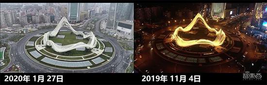 ▲武汉光谷广场疫情前后对比（图源某视频平台网友）