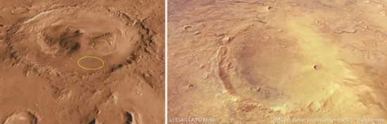 （左）盖尔撞击坑，基于NASA多个火星环绕器影像数据的电脑模拟；（右）杰泽罗撞击坑，火星快车HRSC影像