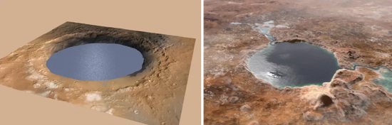 （左）盖尔撞击坑和（右）杰泽罗撞击坑有湖水状态的假想图 | NASA