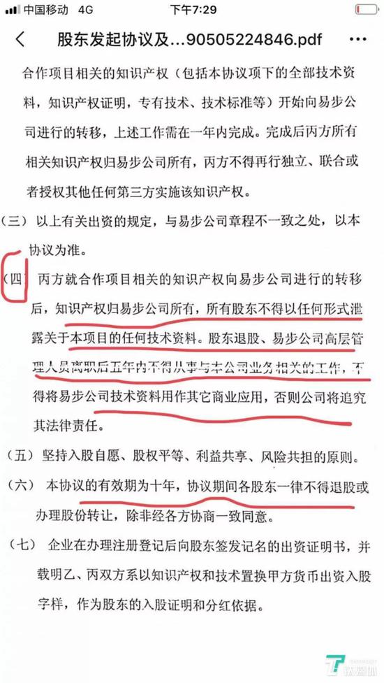 (吴细龙向钛媒体提供的《股东发起及股权转让协议》完整文件,上图为涉及“竞业禁止协议”的条款。)