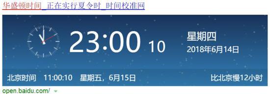 美国华盛顿标准时间 （华盛顿（UTC-5）与北京（UTC+8）差13个时区，但由于夏令时，现只比北京慢12小时）