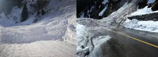 图7 2017年G218国道同一地点冬季发生的干雪崩和春季发生的湿雪崩