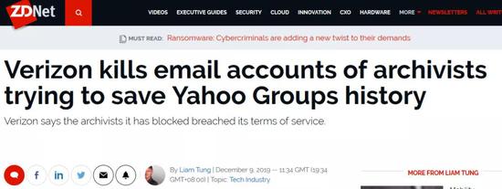 Verizon封禁了试图备份雅虎群组的账号 | 图：ZDNet &nbsp; &nbsp;&nbsp;