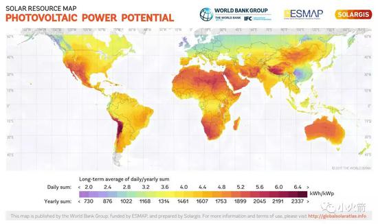 这是小火箭找到的世界银行有关全球太阳能分布情况的示意图。
