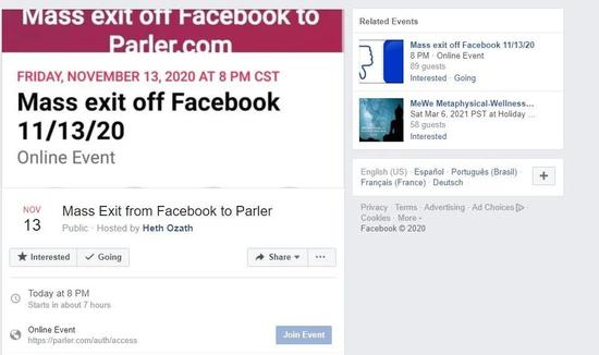 脸书用户发起“退脸书，进Parler”的活动