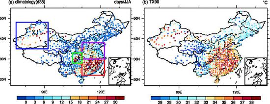 左图:1960-2013年间全国高温热浪天数,蓝色框代表新疆地区,绿色框代表川渝地区,紫色框代表黄淮地区,红色框代表东南地区;右图:1960-1989年中国日最高温度的90%百分率分布