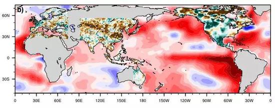  1877年全球海水温度分析，秘鲁区域海水温度急剧上升（红色），极端的厄尔尼诺现象。图片来源文献。