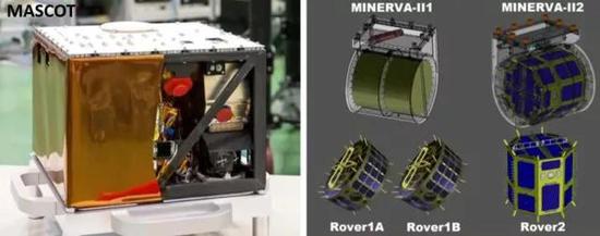隼鸟2号携带的着陆器（左）和巡视器（右）。（图片来源：JAXA）