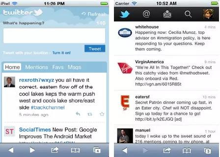 左：2010 年手机 Twitter；右：2011 年手机 Twitter，从突出发送变成突出浏览 | 图片来源：ADWEEK