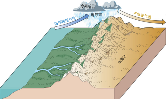 雨影效应示意图|来自海洋的暖湿气流在爬坡时冷凝成云,在