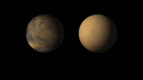 火星遭沙尘暴侵袭前后对比。图片来源:NASA官网。