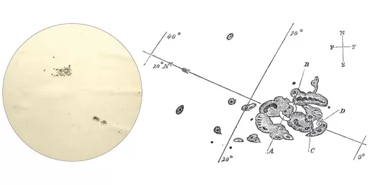 1859年，英国天文学家理查德·卡灵顿正在绘制太阳黑子的草图（左），他注意到从太阳顶部附近的一大片黑子中冒出两颗光珠。卡灵顿画出了首次亮相的耀斑，两个豆状区域依偎在这些斑点之间（在右侧特写中被标记为A和B）。五分钟后，两个白点向右漂移，并明显地消失了（标记为C和D）。 图片来源：S。 PROSSER，牛津大学出版社 2018（左）/ 理查德·卡灵顿，公共版权（右）