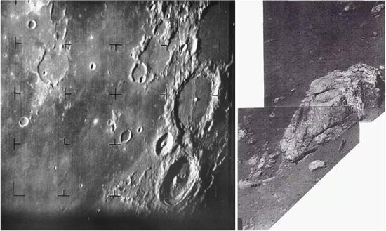 （左）游骑兵7号传回的第一张月球表面高清照片；（右）测量者1号着陆器拍摄的月球表面。来源：NASA