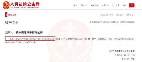 ▲2019年11月10日,杭州市萧山区人民法院发布杭州青年汽车破产消息。图片来源/人民法院公告网
