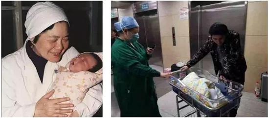 图1左：试管婴儿之母张丽珠教授与中国大陆首例试管婴儿郑萌珠，出生于1988年3月10日；图1右：郑萌珠于2019年4月15日诞下一名男孩。