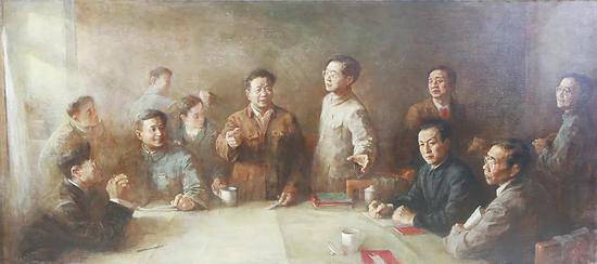 大型油画《当代英雄》再现了“九次计算”的历史场景(前排左起周毓麟、邓稼先、彭桓武、周光召、程开甲、朱光亚、郭永怀、秦元勋,左1、2、3后的三名人物代表着包括胡思得、傅樱在内的众多年轻人)