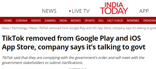 《今日印度》报道：谷歌和苹果的印度区应用商店下架Tik Tok，该公司正与政府沟通