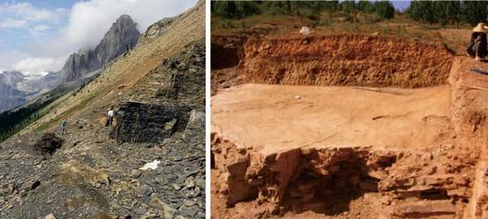 拿大布尔吉斯页岩生物群（左）和云南澄江生物群挖掘现场（右）。图片来源： Wikimedia Commons（左）；参考文献[2]（右）