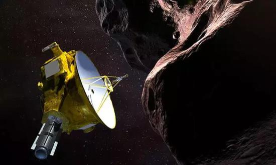 概念图:新视野号航天器遭遇 2014 MU69 ——它是一个运行轨道在冥王星外侧 16 亿公里处的柯伊伯带天体,人们给它起了个绰号叫天涯海角(Ultima Thule)。图片来源:emily.furfaro / Nasa / JHUAPL / SwRI