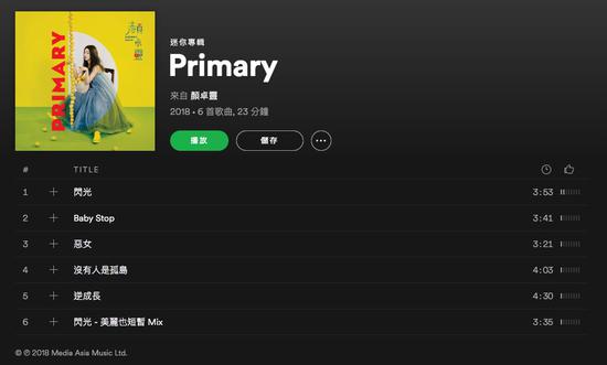 （歌手：颜卓灵 | 专辑：《Primary》| 音频服务：Spotify | 质量选择：极高）