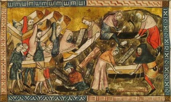 《图尔奈市民埋葬瘟疫受害者》 艺术家：Pierart dou Tielt 年份：约1353年 类型：微型画 收藏地：比利时皇家图书馆，布鲁塞尔