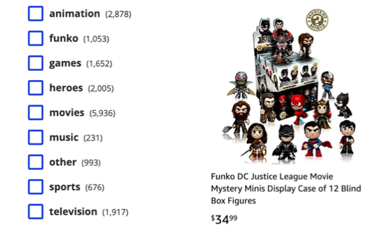 左图,Funko的IP按种类划分,目前主要集中在电影,动画和电视。右图,Funko和DC的盲盒联名,一套12款。