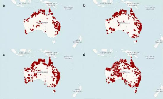  澳大利亚山火于11月1日（a），11月14日（b），12月5日（c），12月26日（d）的分布情况。（图片来源：BBC News）