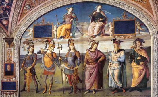  [图9]佩鲁基诺，古代名人（2），湿壁画，作于1497-1500年，高291厘米，宽400厘米，现陈列于意大利佩鲁贾市政府内的原钱币兑换行会大厅内。（图片来源：维基百科）