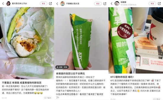 消费者对KFC植物肉酥的吐槽 图/小红书