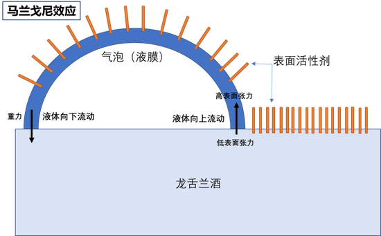 马兰戈尼效应稳定气泡的原理示意图