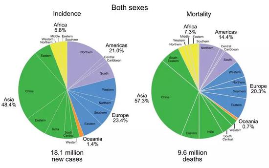  左侧为不同地区患癌人数的比率，右侧为死亡人数比率，中国所占比例都非常显著。