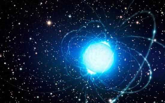图1:艺术家对FRB的现象图,图中展示FRB可能源于中子星。图片来源: L。 Calçada / ESO