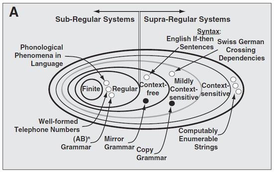 图7。 乔姆斯基层级结构（Chomsky hierarchy）：按照语法的生成能力，将计算语言按照复杂程度归类。最外圈囊括的是一切可被图灵机识别的语言（0型文法，递归可枚举语言）。乔姆斯基认为，人类语言处于context-free language （Ⅱ型文法）与context-sensitive language（Ⅰ型文法）之间，动物只拥有regular language这种Ⅲ型文法。大于regular范围的文法称为supra-regular system。