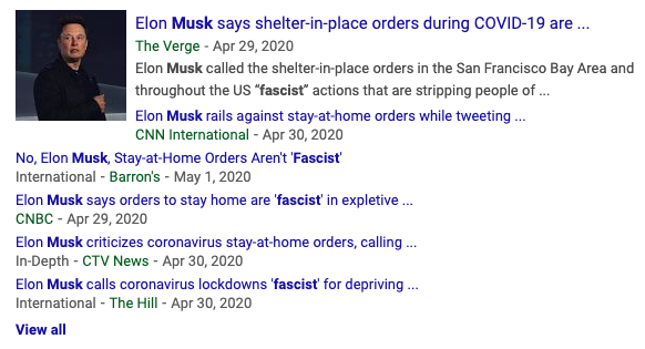 新闻标题：马斯克说新冠疫情期间“待在家里”是法西斯主义