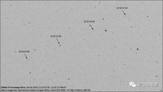 撞击发生后铱星33号主要碎片的地面监视画面 来源：wiki