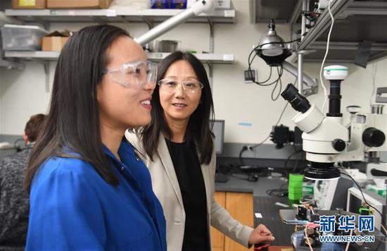 世界杰出女科学家鲍哲南在柔性电子器件领域再现突破 1月31日,在位于美国加利福尼亚州帕洛阿尔托的斯坦福大学,鲍哲南教授(右)在实验室对科研团队成员徐洁进行指导。