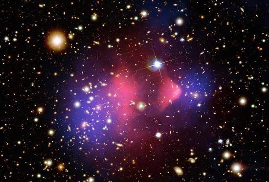 子弹星系团,是宇宙中一大一小两个星系团相撞后留下的混合体。上面的图像是综合利用了哈勃太空望远镜、钱德拉X射线天文台和大麦哲伦望远镜所收集的数据合成的。其中,红色部分代表了由两个星系团相撞而产生的高温气体所辐射的X射线,蓝色则代表了分布在两侧的暗物质。(图:NASA等)