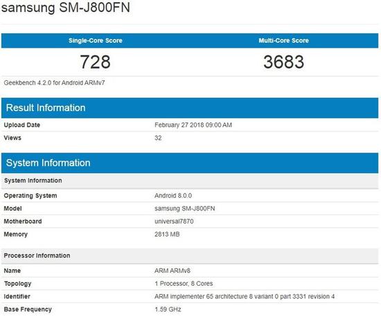 一款名为SM-J800FN的三星新机现身GeekBench跑分网站