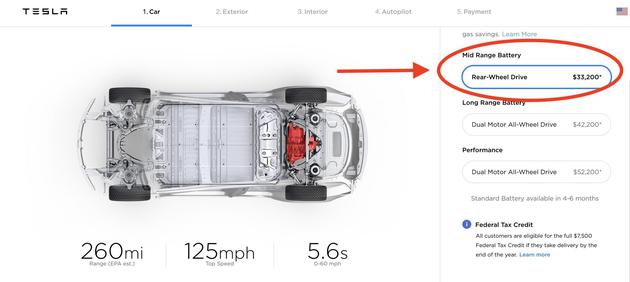 特斯拉推出“中距离”版Model 3 售价4.5万美元