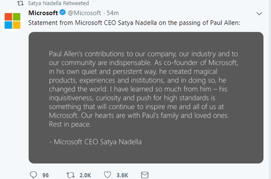 微软CEO纳德拉悼念保罗·艾伦：他将继续激励微软人