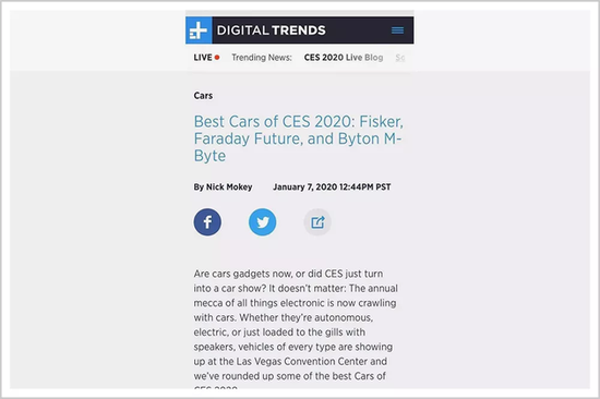 ▲Digital Trends将FF 91评为CES 2020最佳车型